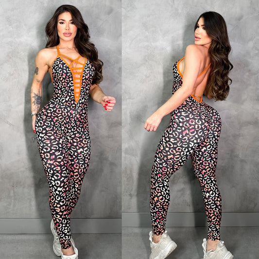 SCRUNCH BOOTY COLORFULL LEOPARD FRONT DETAIL JUMPSUIT