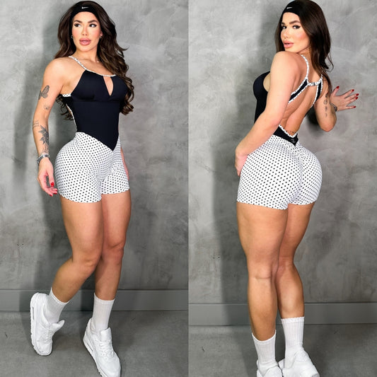 SCRUNCH BOOTY WHITE POLK DOTS AND BLACK SHORTS JUMPSUIT