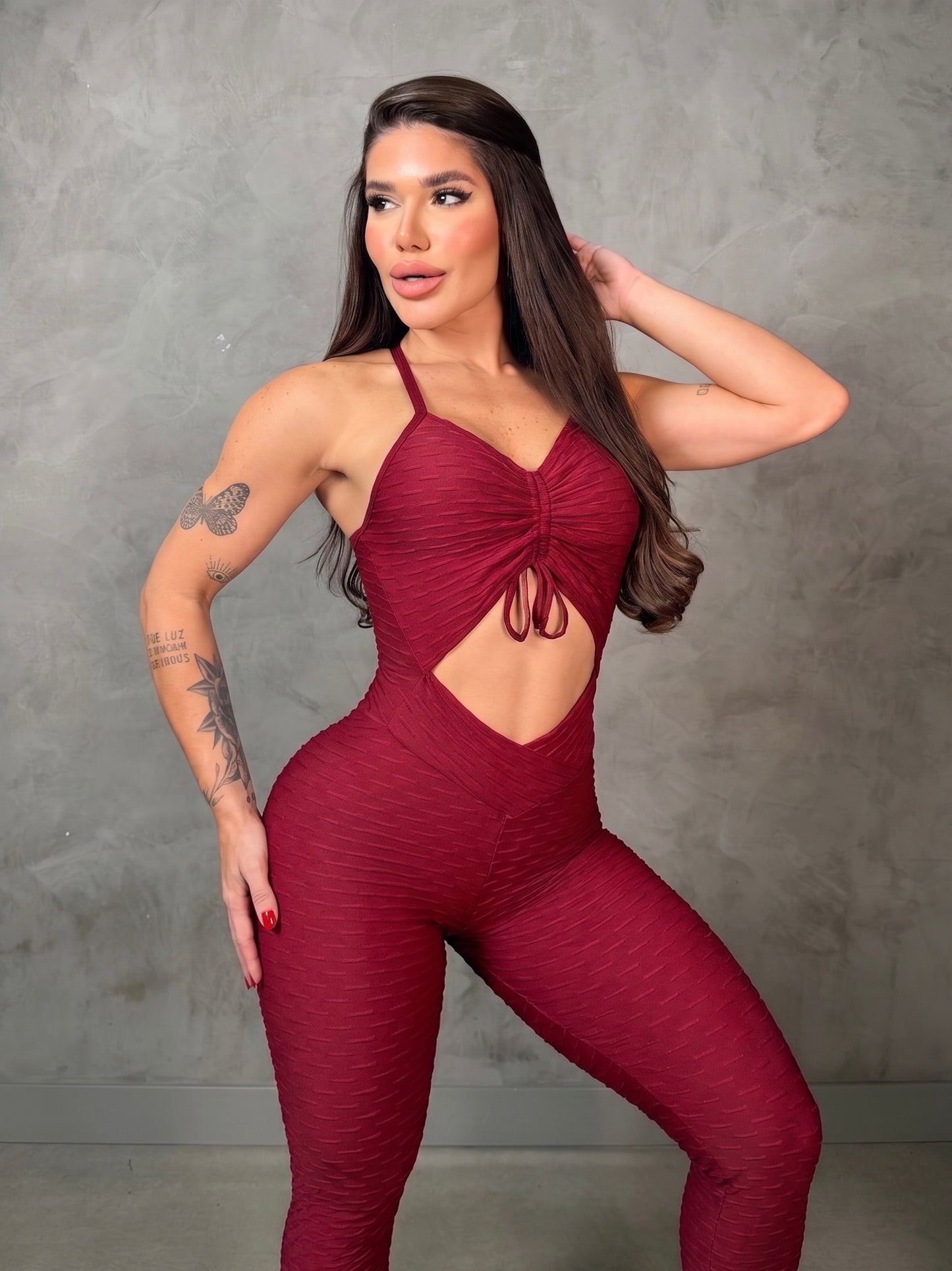 SCRUNCH BOOTY BURGUNDY WAVE LACE JUMPSUIT