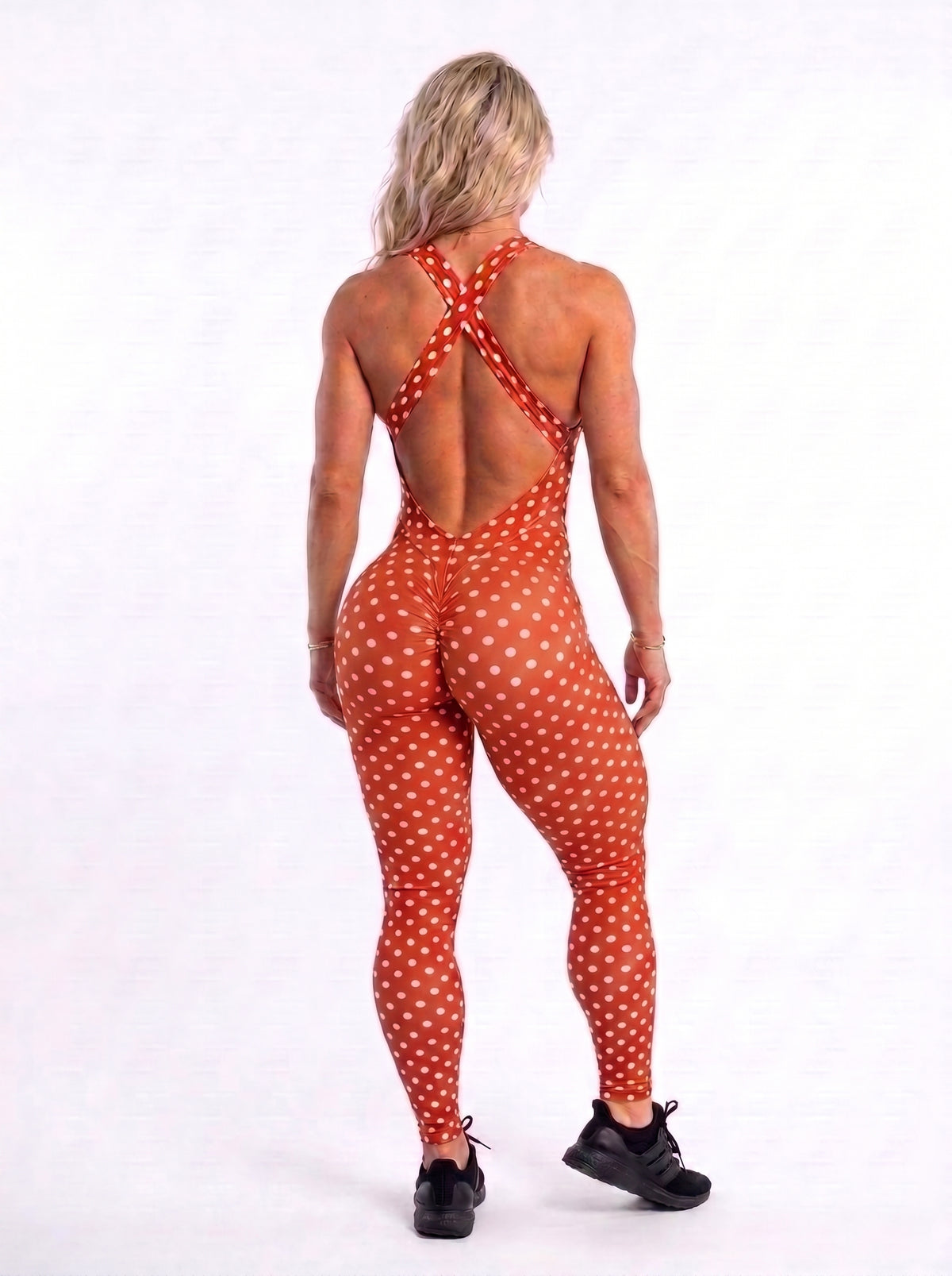 SCRUNCH BOOTY RED POLK DOTS FRONT DETAIL LONG JUMPSUIT - NO RETURN