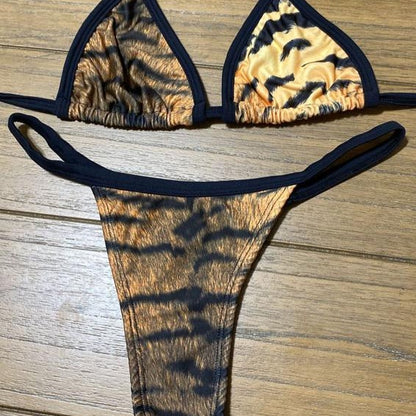 BROWN AND BLACK DETAIL ZEBRA THONG BIKINI 