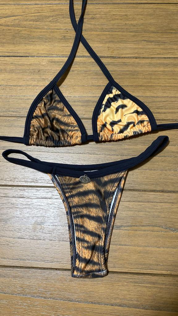 BROWN AND BLACK DETAIL ZEBRA THONG BIKINI 