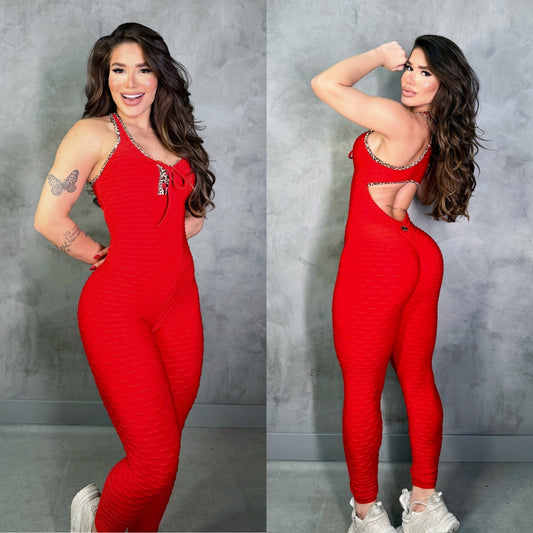 SCRUNCH BOOTY RED AND LEOPARD WAVE JUMPSUIT