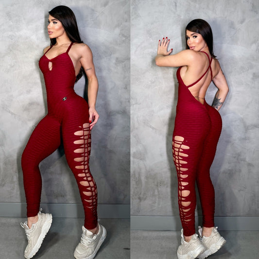 SCRUNCH BOOTY BURGUNDY WAVE RIPPED JUMPSUIT