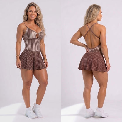 BROWN POLK DOTS AND STRIPES SHORTS DRESS JUMPSUIT - NO RETURN