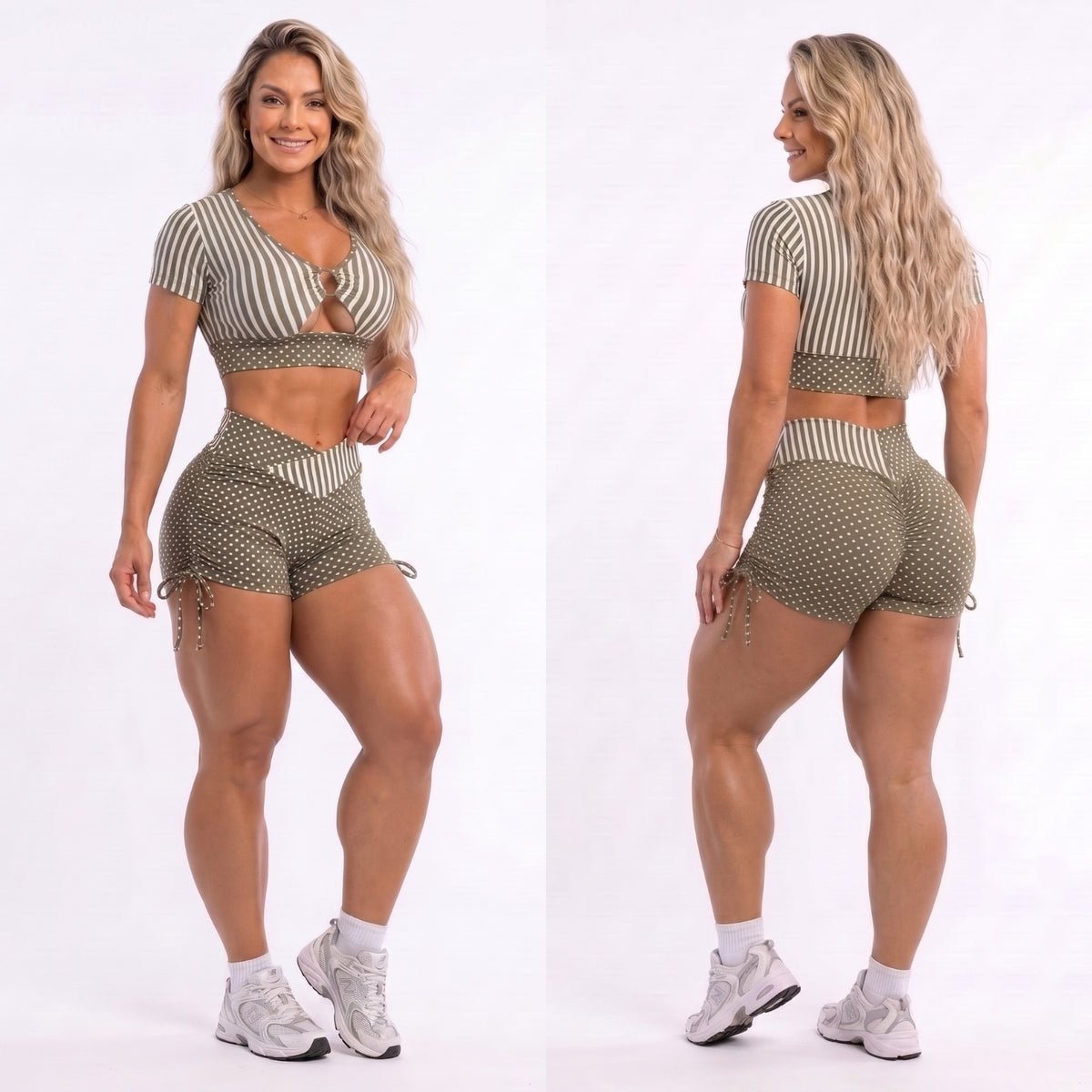 Scrunch Booty Green Polk Dots and Stripes Detail Shorts - NO RETURN
