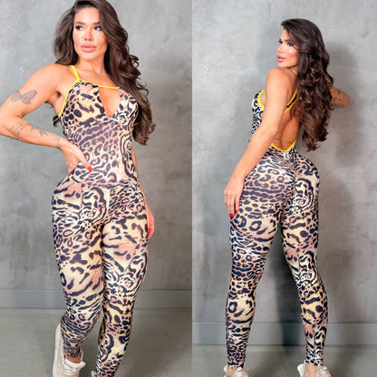 SCRUNCH BOOTY BROWN LEOPARD AND YELLOW DETAIL JUMPSUIT, NO RETURN