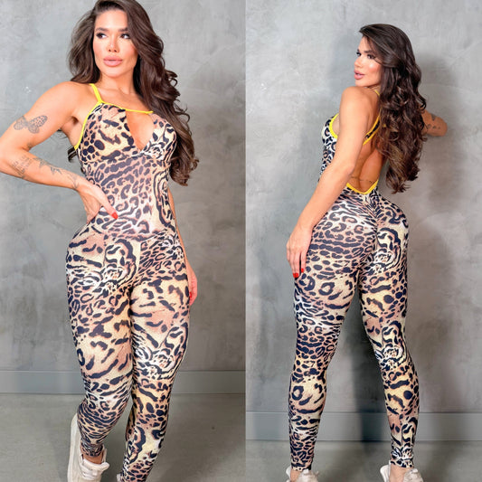 SCRUNCH BOOTY BROWN LEOPARD AND YELLOW DETAIL JUMPSUIT, NO RETURN