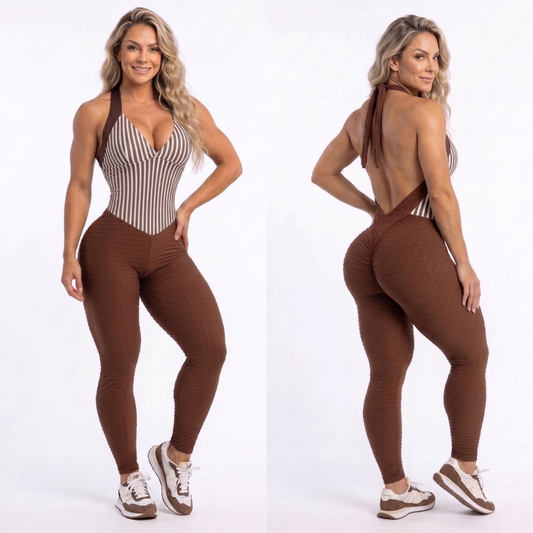 Scrunch Booty Brown Wave and Stripes Sexy Back Jumpsuit - NO RETURN