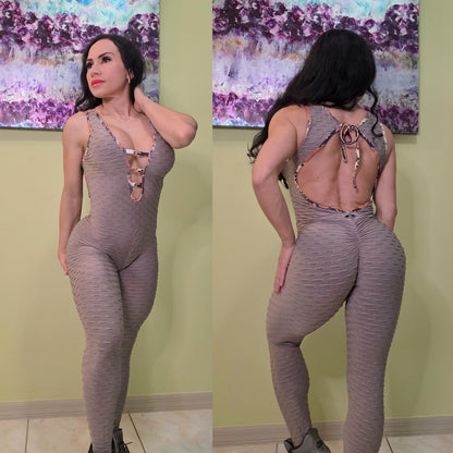 SCRUNCH BOOTY BEIJE WAVE AND BROWN SNAKE DETAIL JUMPSUIT, NO RETURN