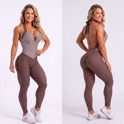 SCRUNCH BOOTY BROWN AND STRIPES SEXY BACK JUMPSUIT - NO RETURN