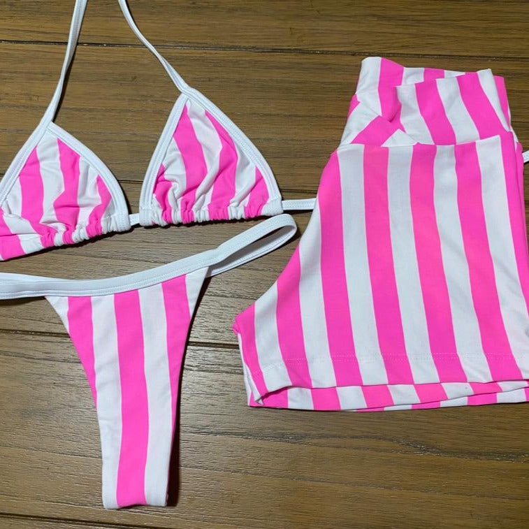 STRIPED PINK AND WITE THONG BIKINI SET - 3 PARTS  (NO RETURN)