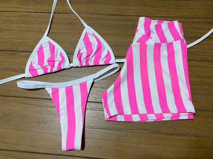 STRIPED PINK AND WITE THONG BIKINI SET - 3 PARTS  (NO RETURN)