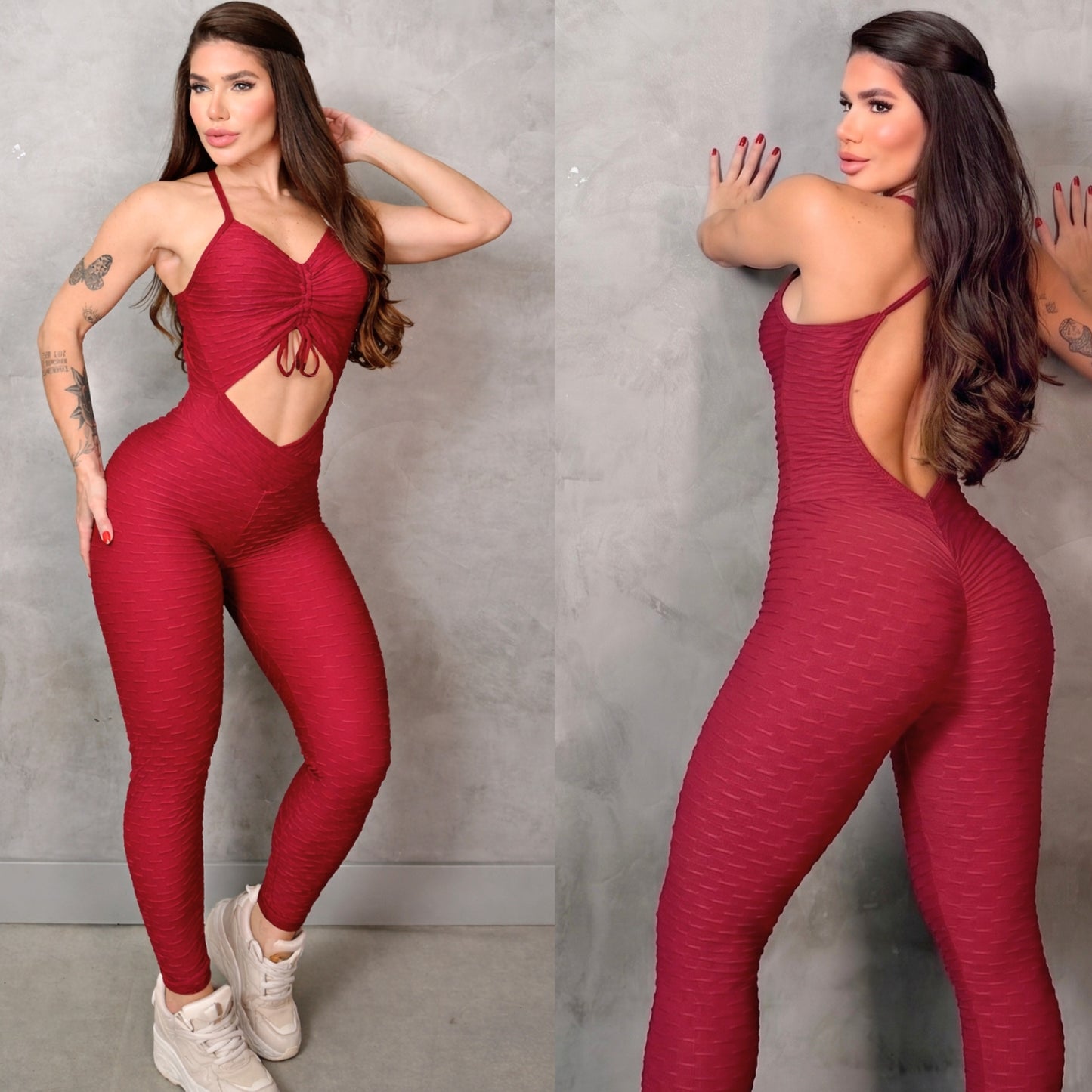 SCRUNCH BOOTY BURGUNDY WAVE LACE JUMPSUIT