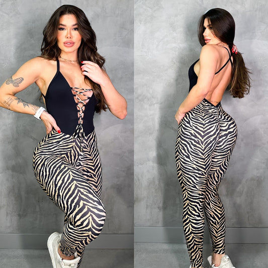 SCRUNCH BOOTY BROWN ZEBRA AND BILAC FRONT DETAIL JUMPSUIT
