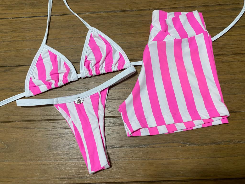 STRIPED PINK AND WITE THONG BIKINI SET - 3 PARTS  (NO RETURN)