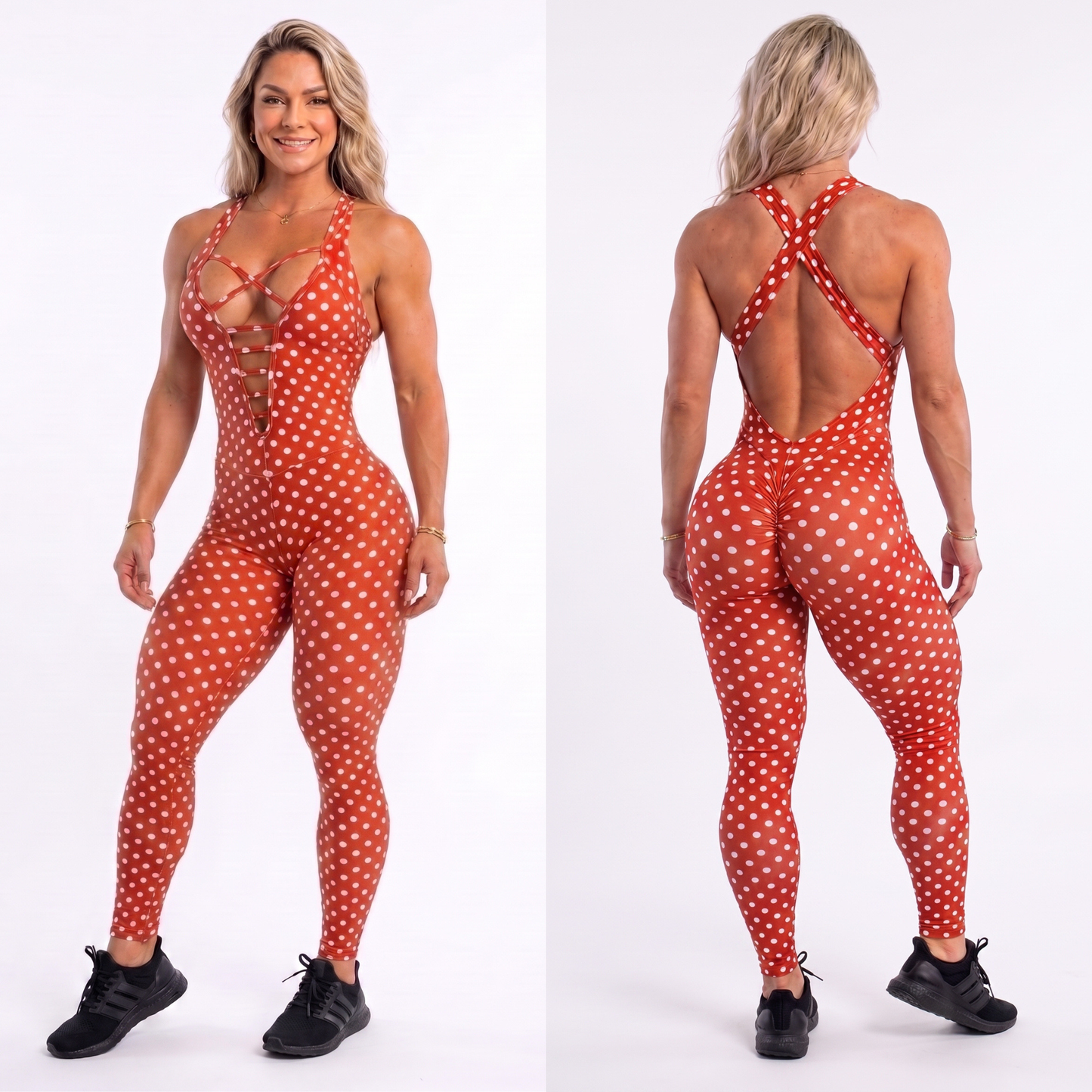 SCRUNCH BOOTY RED POLK DOTS FRONT DETAIL LONG JUMPSUIT - NO RETURN