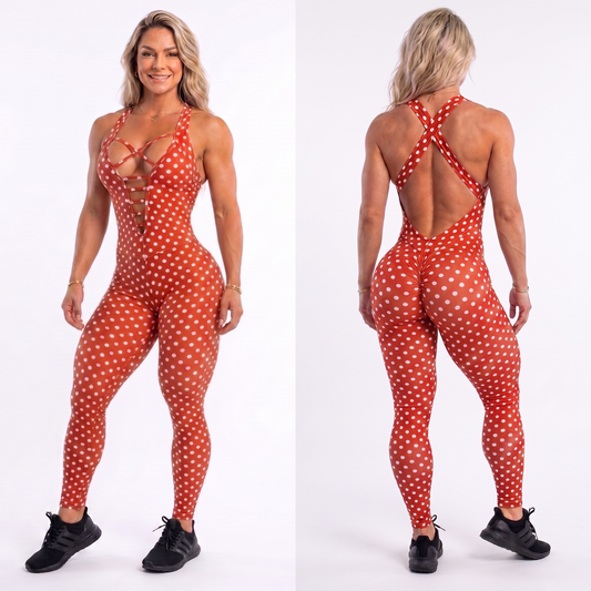SCRUNCH BOOTY RED POLK DOTS FRONT DETAIL LONG JUMPSUIT - NO RETURN