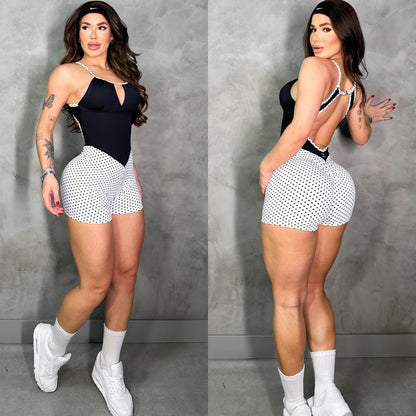 SCRUNCH BOOTY WHITE POLK DOTS AND BLACK SHORTS JUMPSUIT