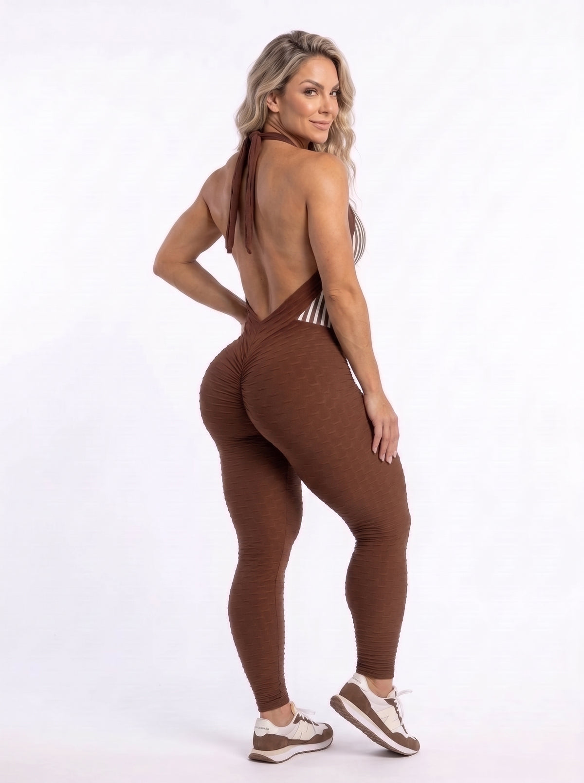 Scrunch Booty Brown Wave and Stripes Sexy Back Jumpsuit - NO RETURN