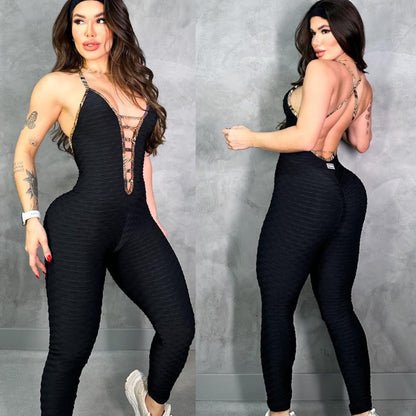 SCRUNCH BOOTY BLACK WAVE AND GOLD PRINT DETAIL JUMPSUIT