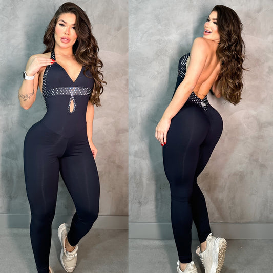 SCRUNCH BOOTY BLACK SEXY BACK AND POLK DOTS DETAIL JUMPSUIT
