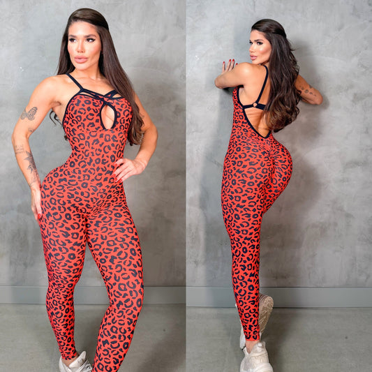 SCRUNCH BOOTY RED LEOPARD FRONT DETAIL JUMPSUIT, NO RETURN