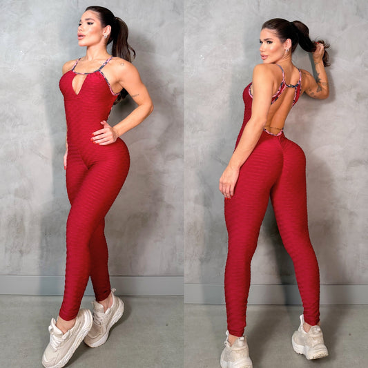 SCRUNCH BOOTY BURGUNDY WAVE AND PINK LEOPARD DETAIL JUMPSUIT, NO RETURN