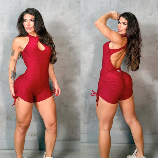SCRUNCH BOOTY BURGUNDY WAVE SHORT JUMPSUIT, NO RETURN
