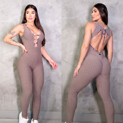 SCRUNCH BOOTY BEIJE WAVE AND BROWN SNAKE DETAIL JUMPSUIT, NO RETURN (Copy)