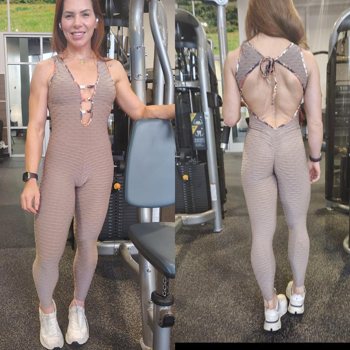 SCRUNCH BOOTY BEIJE WAVE AND BROWN DETAIL JUMPSUIT