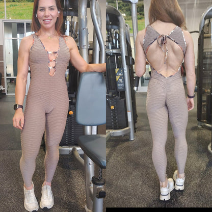 SCRUNCH BOOTY BEIJE WAVE AND BROWN DETAIL JUMPSUIT