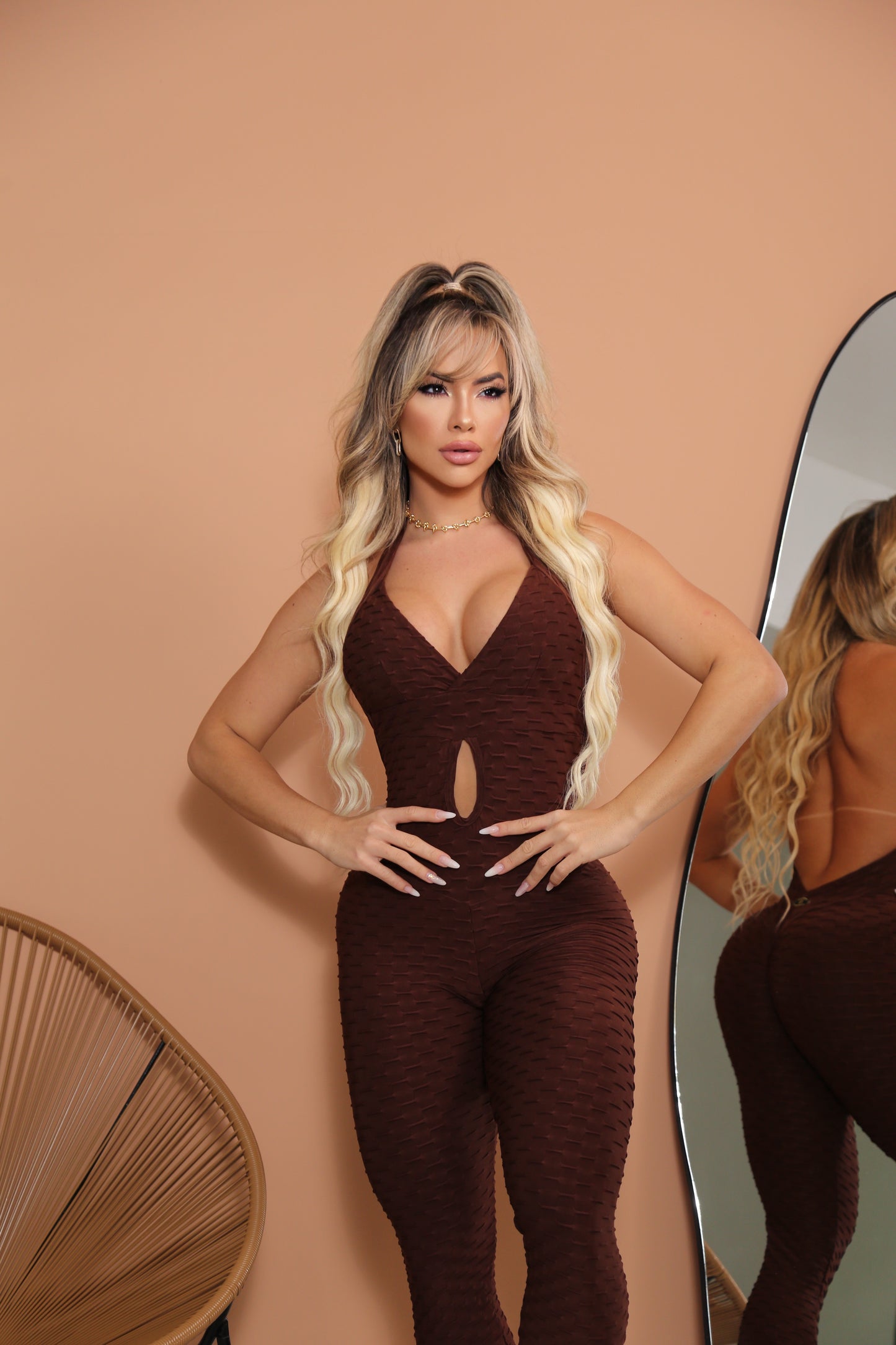 SCRUNCH BOOTY BROWN WAVE SEXY BACK JUMPSUIT