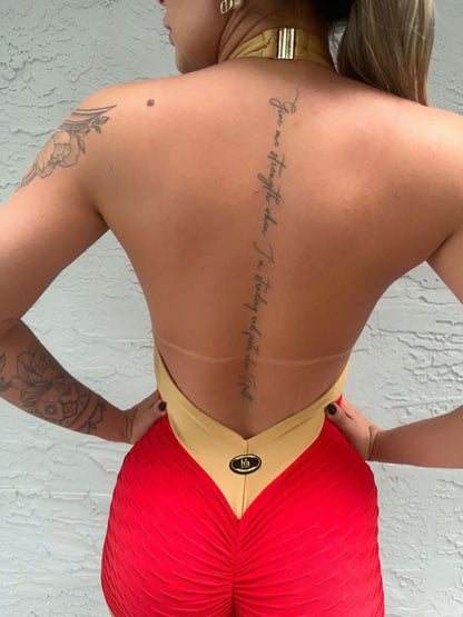 SCRUNCH BOOTY RED AND GOLD WAVE SHORTS JUMPSUIT