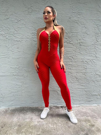 SCRUNCH BOOTY RED AND GOLD WAVE LONG JUMPSUIT