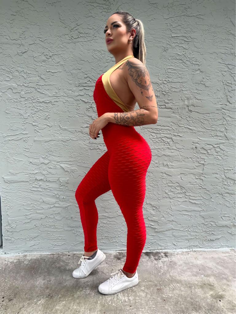 SCRUNCH BOOTY RED AND GOLD WAVE LONG JUMPSUIT