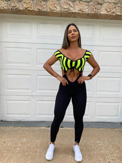 SCRUNCH BOOTY BLACK AND STRIPED NEON RINGS JUMPSUIT