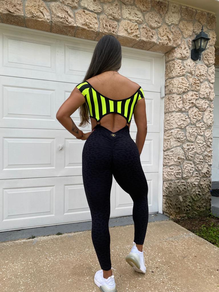 SCRUNCH BOOTY BLACK AND STRIPED NEON RINGS JUMPSUIT