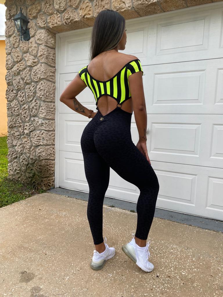 SCRUNCH BOOTY BLACK AND STRIPED NEON RINGS JUMPSUIT