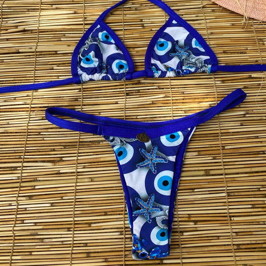 BLUE AND WHITE GREEK EYE THONG BIKINI - PROMO