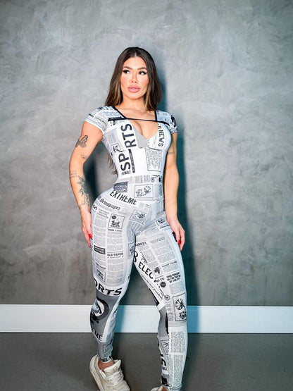 SCRUNCH BOOTY BLACK AND WHITE NEWSPAPER JUMPSUIT