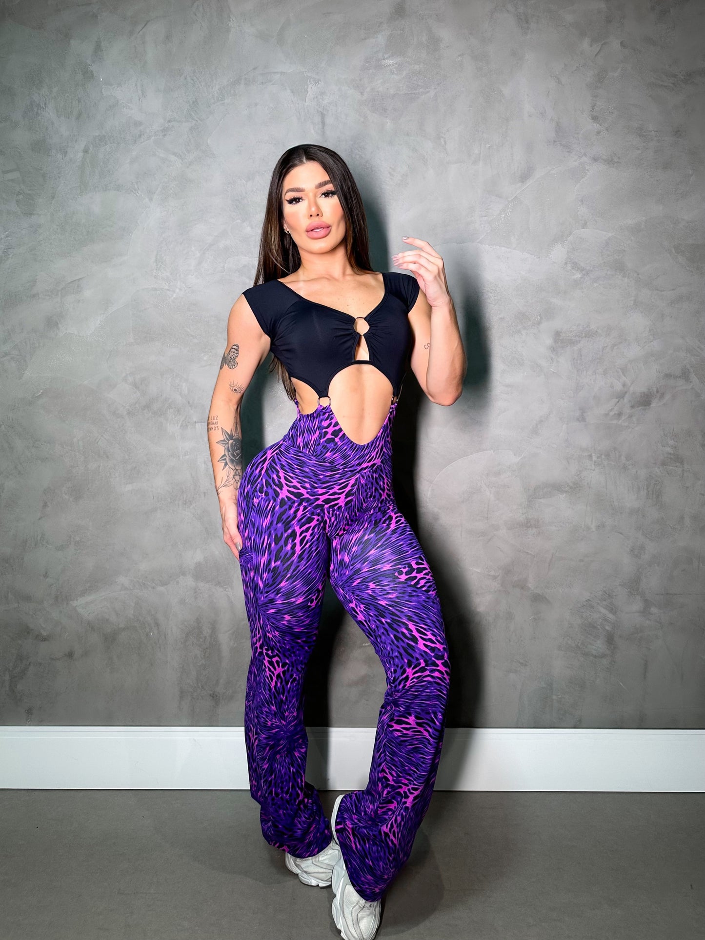 PURPLE AND BLACK FLARE RINGS JUMPSUIT