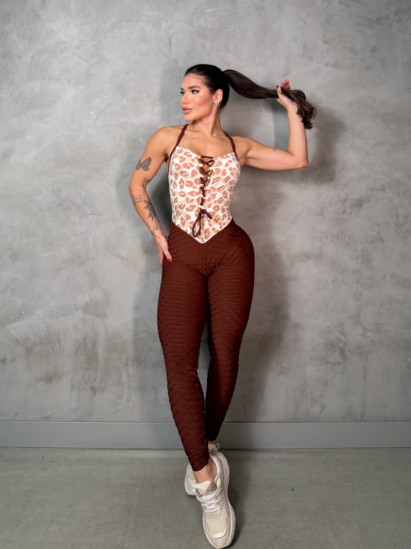 SCRUNCH BOOTY BROWN AND ROSE PINK LONG JUMPSUIT