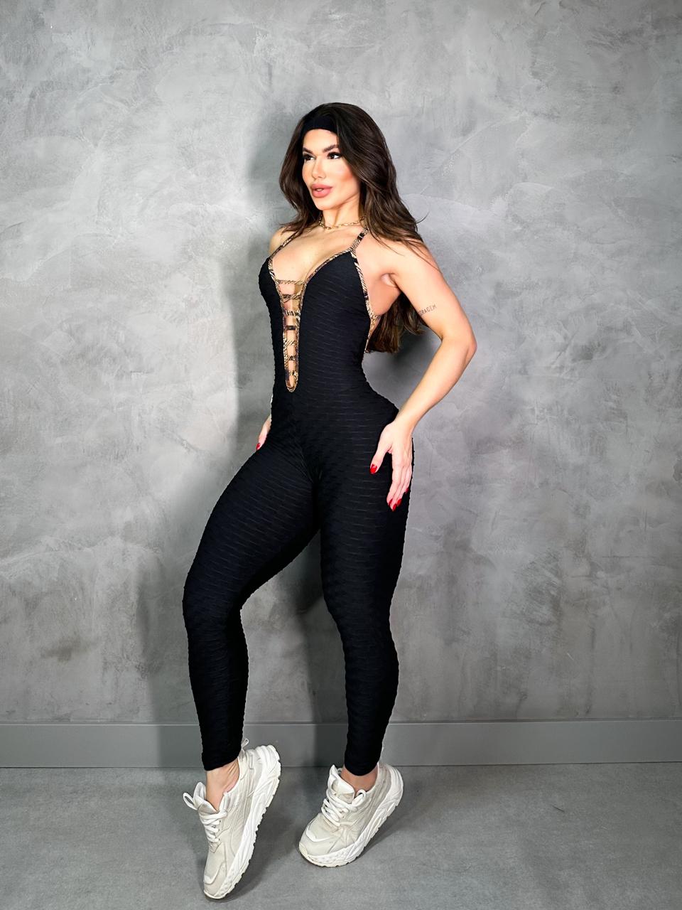 SCRUNCH BOOTY BLACK WAVE AND GOLD PRINT DETAIL JUMPSUIT