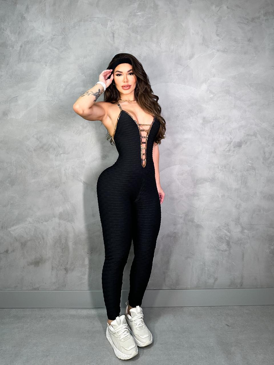 SCRUNCH BOOTY BLACK WAVE AND GOLD PRINT DETAIL JUMPSUIT