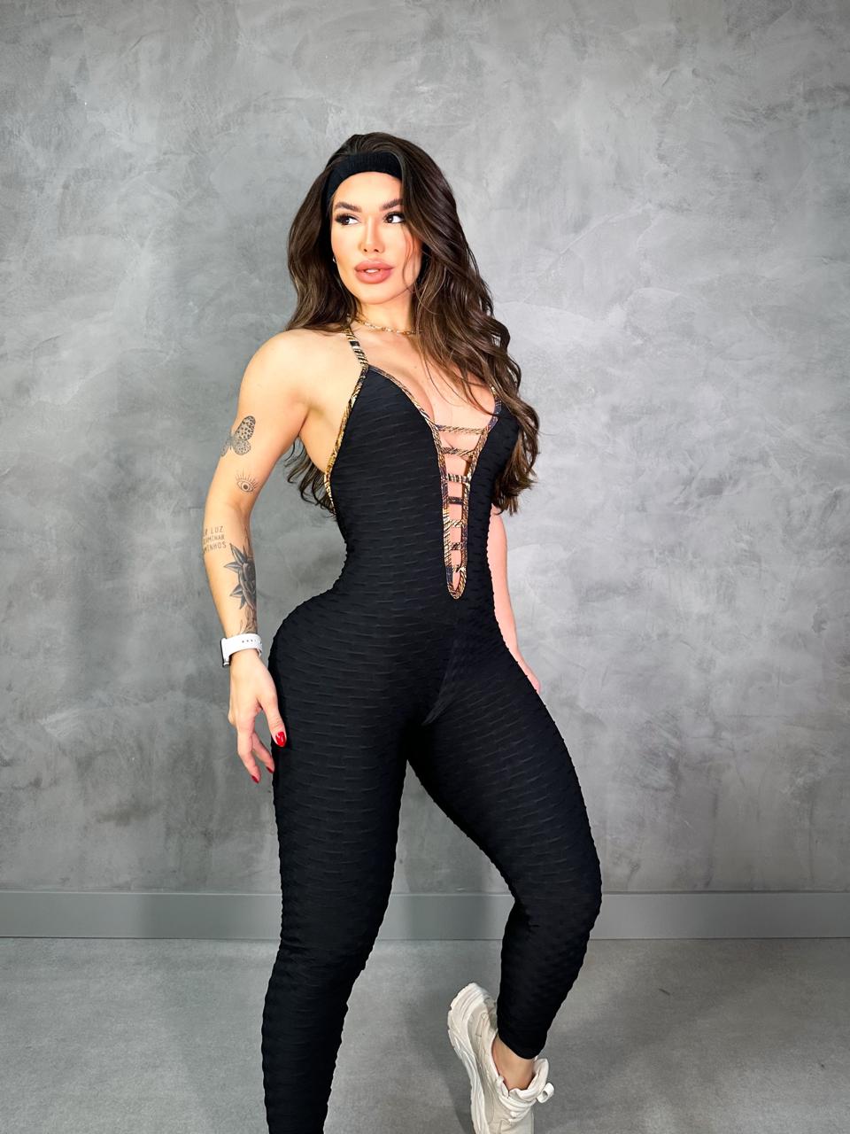 SCRUNCH BOOTY BLACK WAVE AND GOLD PRINT DETAIL JUMPSUIT