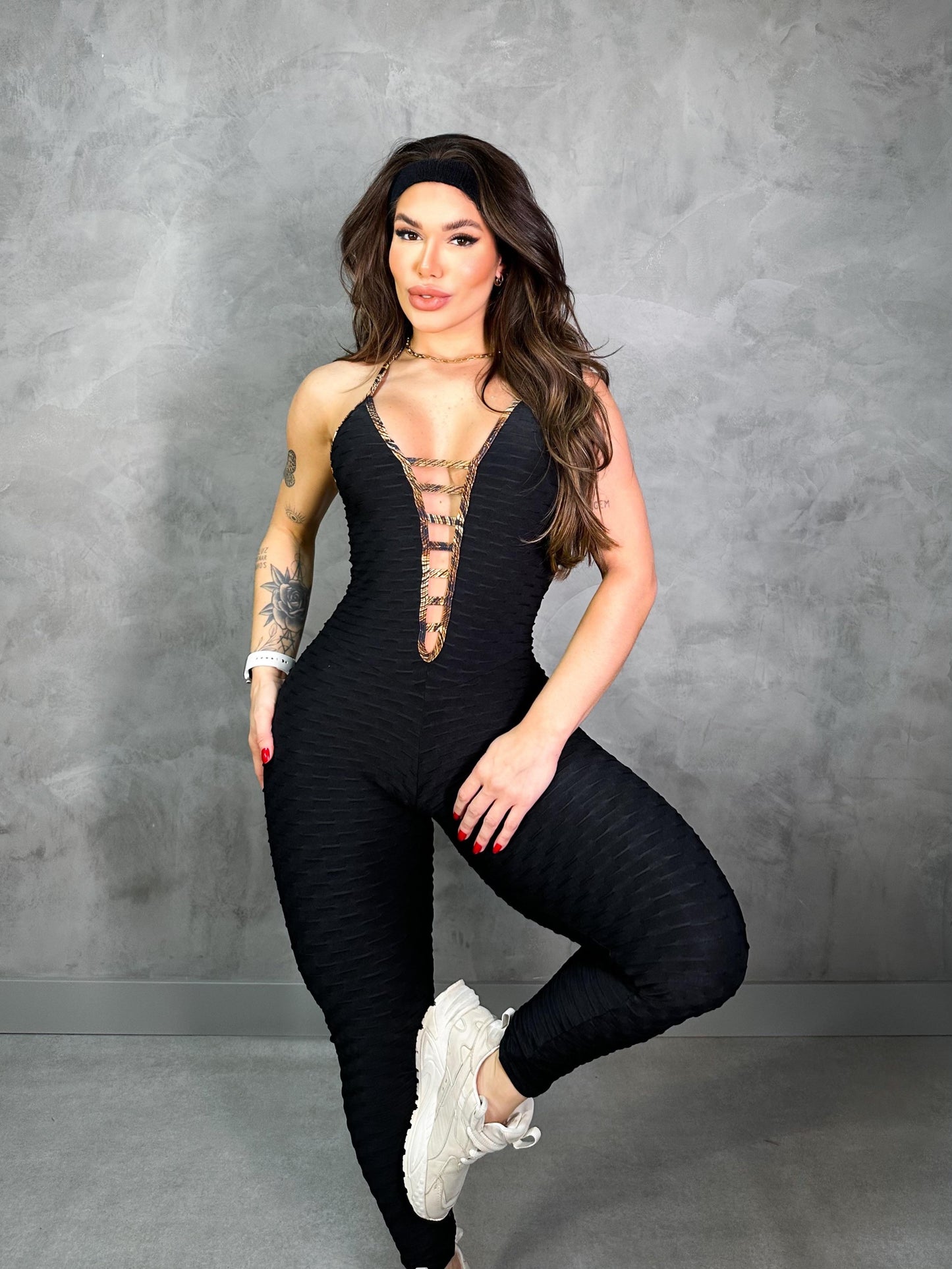 SCRUNCH BOOTY BLACK WAVE AND GOLD PRINT DETAIL JUMPSUIT