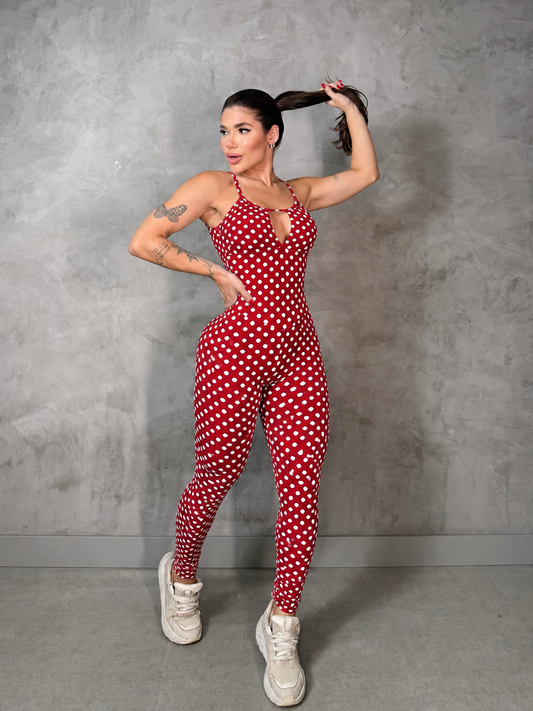 SCRUNCH BOOTY RED POLK DOTS GABBY JUMPSUIT, NO RETURN