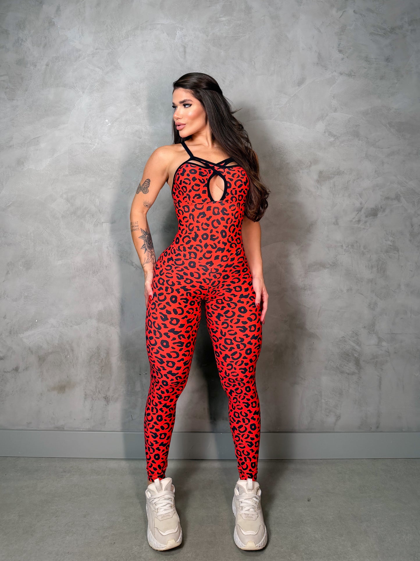 SCRUNCH BOOTY RED LEOPARD FRONT DETAIL JUMPSUIT, NO RETURN