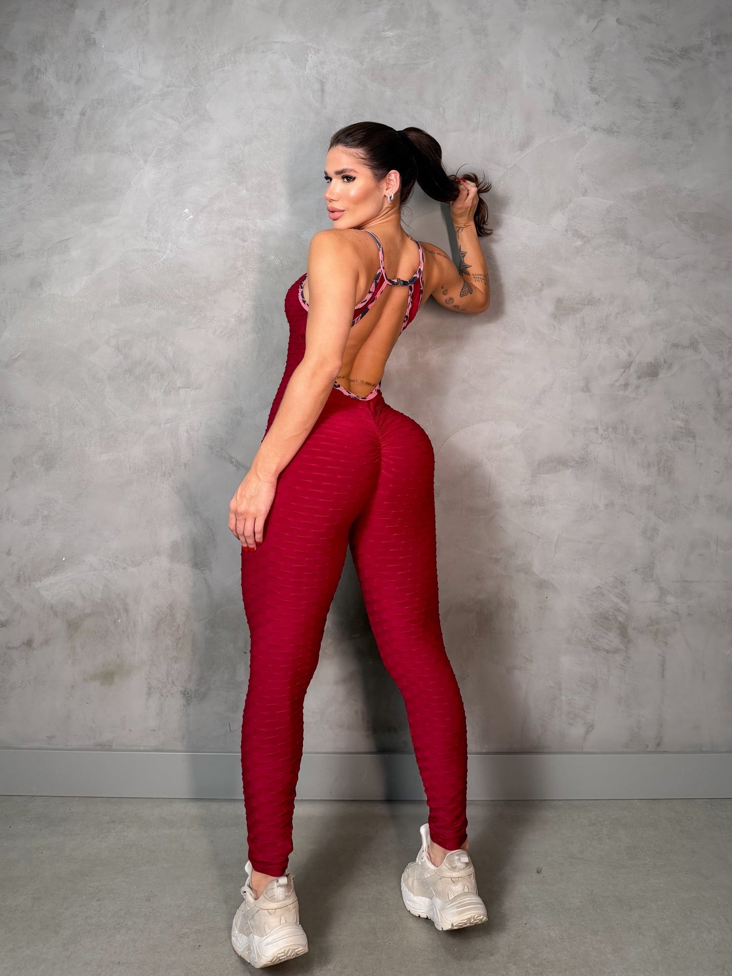 SCRUNCH BOOTY BURGUNDY WAVE AND PINK LEOPARD DETAIL JUMPSUIT, NO RETURN